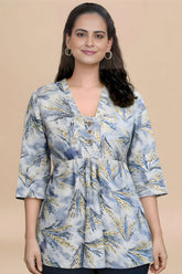 ZELZIS Women's Blue Tropical Leaf Print Cotton V-Neck 3/4 Sleeve Tunic Top