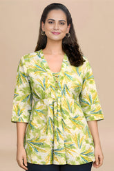ZELZIS Women's Green Tropical Leaf Print Cotton V-Neck 3/4 Sleeve Tunic Top