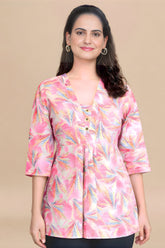 ZELZIS Women's Pink Tropical Leaf Print Cotton V-Neck 3/4 Sleeve Tunic Top