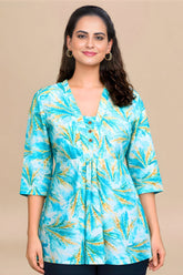 ZELZIS Women's Sky Tropical Leaf Print Cotton V-Neck 3/4 Sleeve Tunic Top