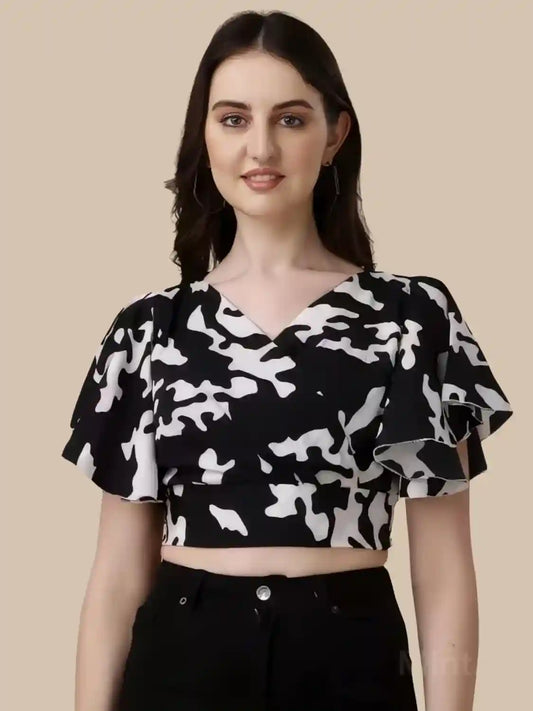 Black Floral Crepe Crop Top with V-Neck and Flared Sleeves for Women