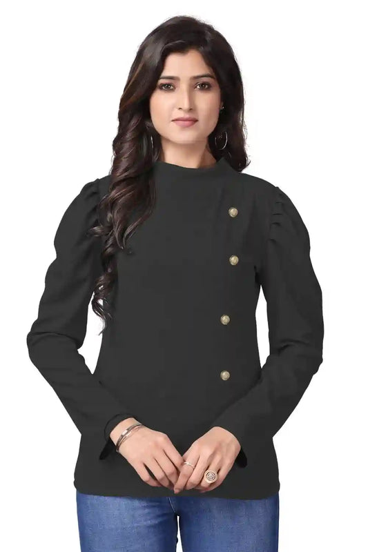 Black Puff Sleeve Polyester T-Shirt with Round Button Neck for Women