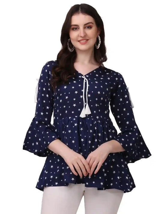 Blue Star Print V-Neck Crepe Tunic for Women by ZELZIS