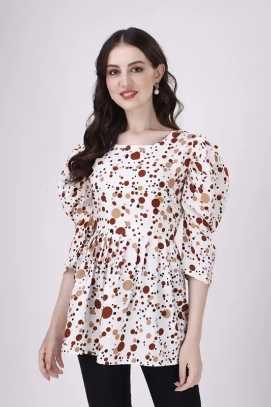 Brown Crepe Tunic with 2D Dot Print and Round Neck for Women by ZELZIS