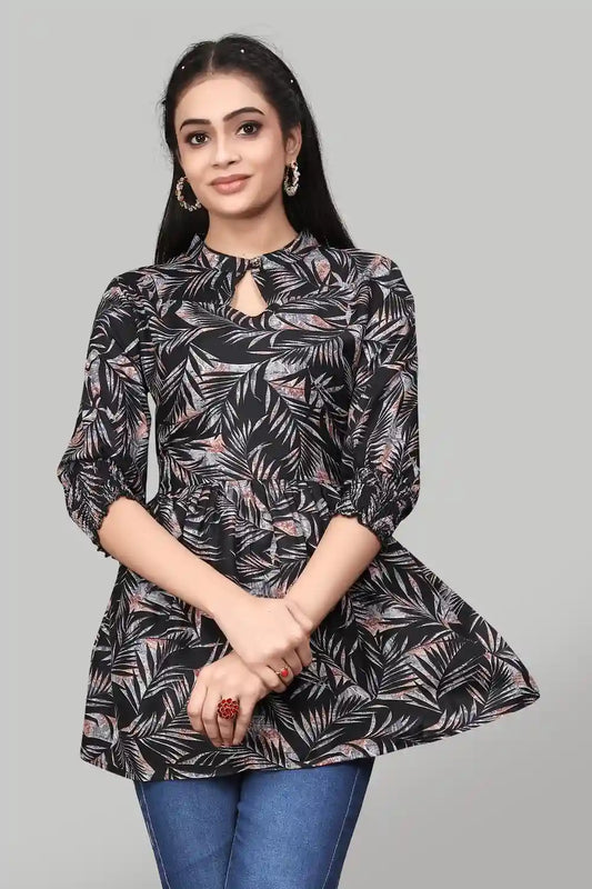 Elegant Black Leaf Print Rayon Tunic with Keyhole Neck for Women