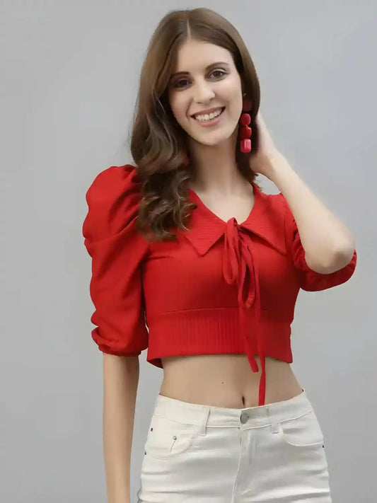 Elegant Solid Red Crop Top – Perfect for Casual and Party Looks