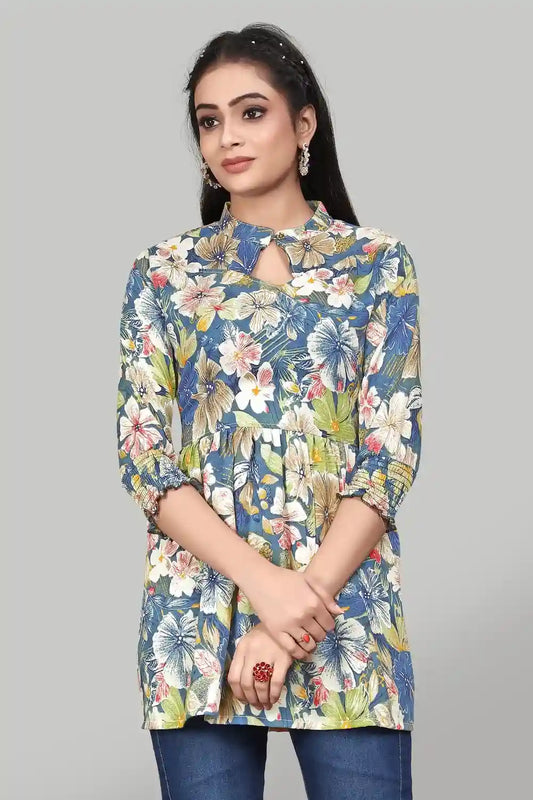 Fashionable Teal Floral Rayon Tunic with Three-Quarter Sleeves for Women’s Wardrobe