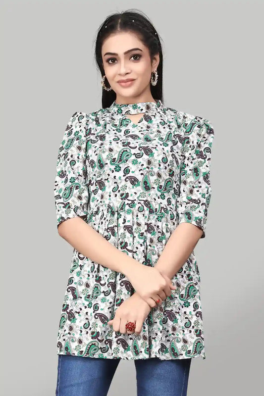 Green Mango Floral Crepe Tunic with Keyhole Neck for Women by ZELZIS