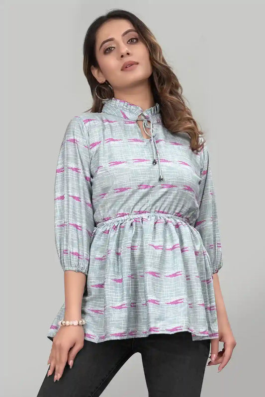 Grey Floral Ruffle Neck Crepe Tunic Top for Women