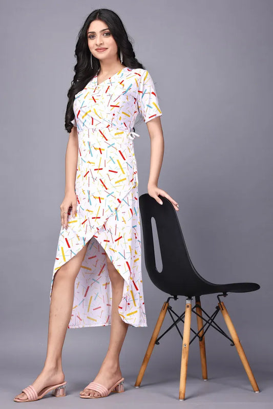 Red and White Abstract Printed V-Neck Dress for Women by ZELZIS