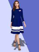 Stylish Blue Skater Dress with Three-Quarter Sleeves - Casual & Party Wear