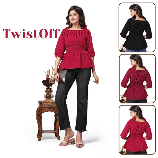 Stylish Off Shoulder Tops for Girls | Solid Crepe Bishop Sleeve Top