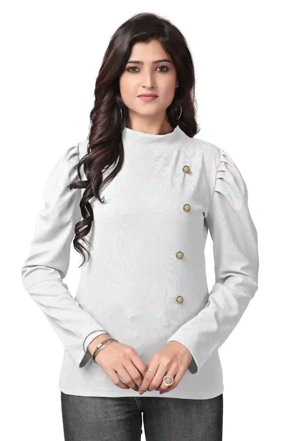 Stylish White Puff Sleeve Polyester T-Shirt for Women