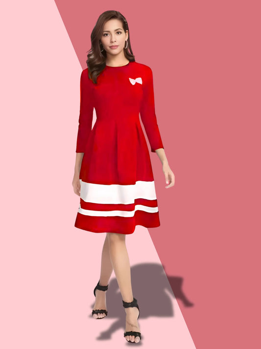 Trendy Red Colour Block Skater Dress - Comfortable & Fashionable