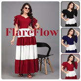 Women Colourblocks Solid Flared Maxi Dress for Casual & Party Wear