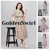 Woman wearing a floral dress with 'GoldenSwirl' branding, surrounded by smaller images of the dress.
