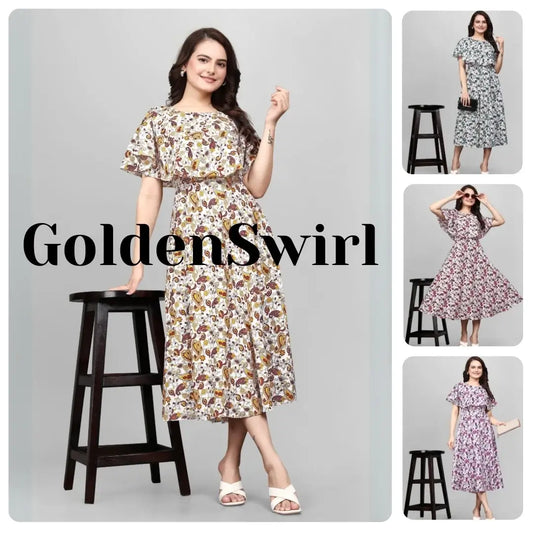 Woman wearing a floral dress with 'GoldenSwirl' branding, surrounded by smaller images of the dress.