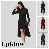 Woman wearing a black dress with 'UpGlow' branding on a gray background