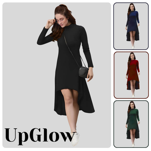Woman wearing a black dress with 'UpGlow' branding on a gray background