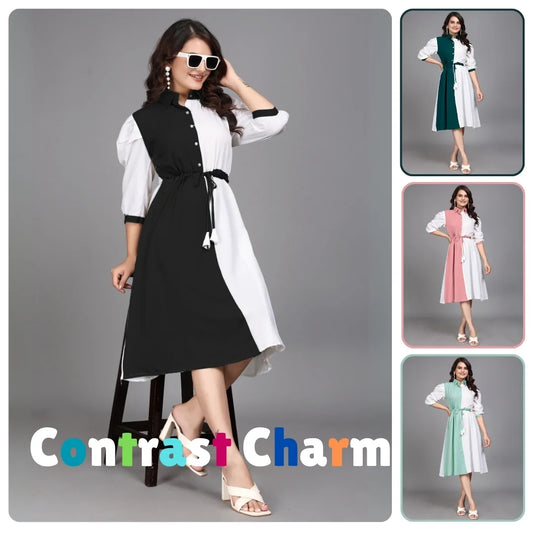 Women Pure Cotton Fit & Flare Dress with Belt | Colorblock Knee-Length Casual & Party Wear Dress