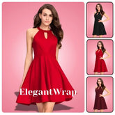 Red dress with 'ElegantWrap' branding on a pink background