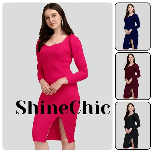 Woman wearing a pink dress with 'ShineChic' branding on a gray background