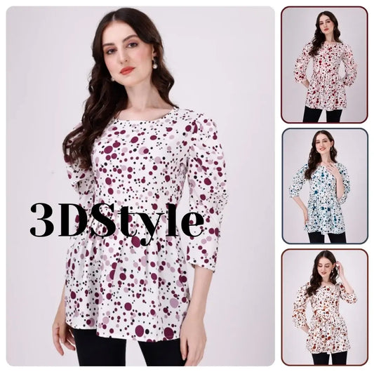 Woman wearing a floral patterned top with '3DStyle' text, shown from multiple angles.