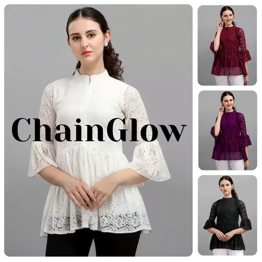 Women's Net Top with Inner – Stylish Bell Sleeve, Chain Round Neck, Hip-Length