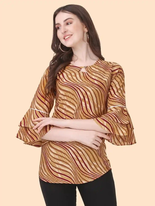 Yellow Striped Crepe Tunic with Keyhole Neck for Women by ZELZIS