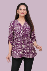 ZELZIS Purple Abstract Printed Cotton V-Neck Tunic Top with Ruffle Sleeves