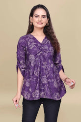 ZELZIS Purple Printed Cotton V-Neck Tunic Top with Ruffle Sleeves