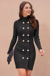 ZELZIS Women's Black Polyester Ribbed Bodycon Dress with Belt