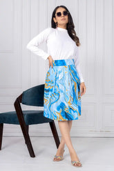 ZELZIS Women's Blue Marble Print Cotton Skirt with White Full-Sleeve Polyester Ribbed T-Shirt Set