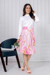 ZELZIS Women's Pink Marble Print Cotton Skirt with White Full-Sleeve Polyester Ribbed T-Shirt Set