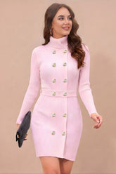 ZELZIS Women's Pink Polyester Ribbed Bodycon Dress with Belt