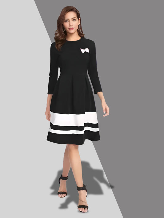 ZELZIS Black Colour Block Skater Dress for Women - Crepe Fabric