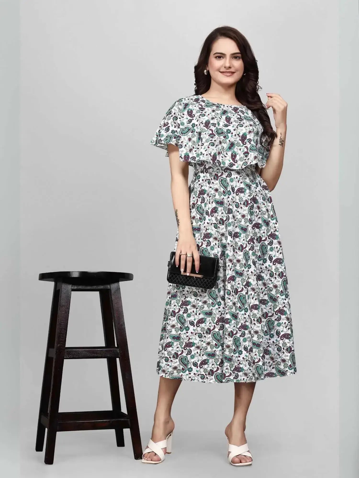 Classic Mango Floral Flared Sleeve Wrap Maxi Crepe Dresses M Green