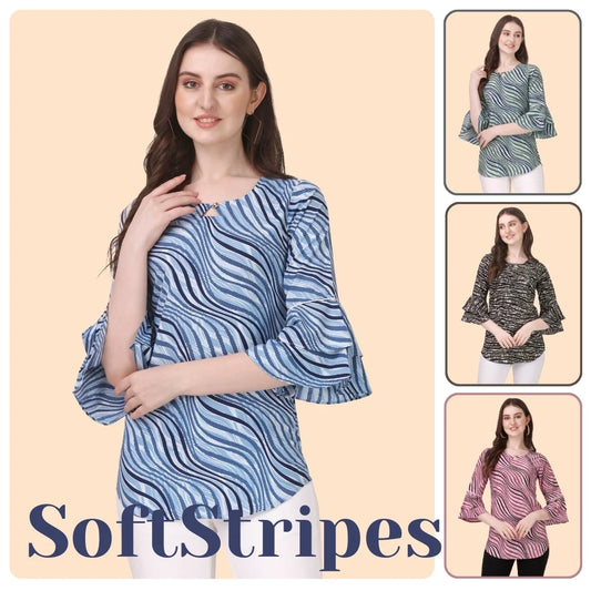 ZELZIS Trendy Striped Crepe Bell Sleeve Top for Women & Girls - Casual & Party Wear