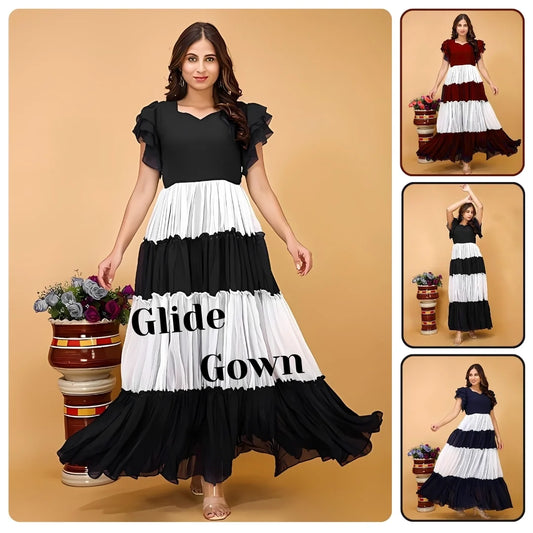 ZELZIS Women's Colourblocked Solid Maxi Dress | Crepe Fabric | V-Neck & Flared Sleeves | Casual & Party Wear