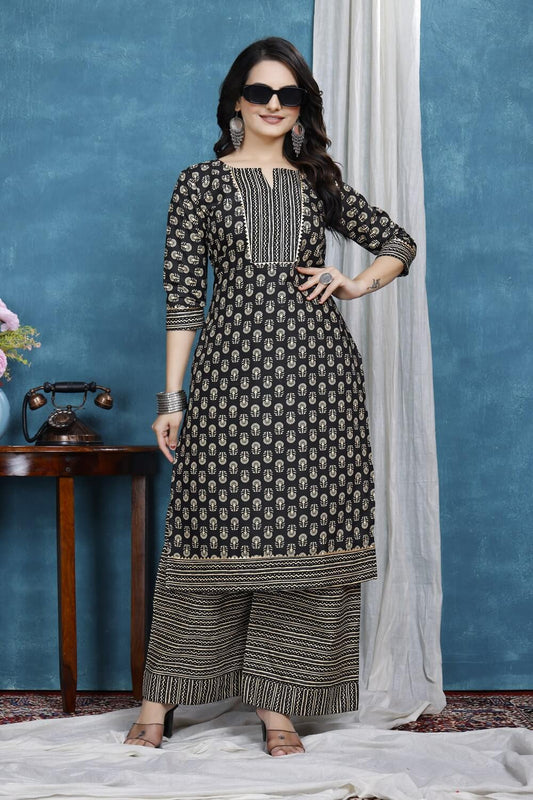 ZELZIS black floral cotton kurta plazzo set for women