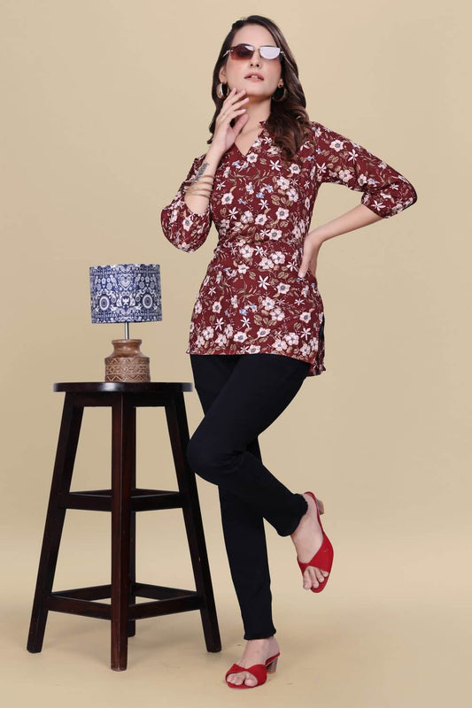 ZELZIS maroon floral crepe top for women