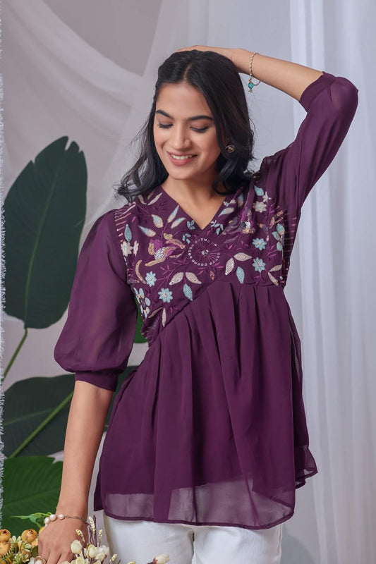 ZELZIS purple embroidered georgette top for women