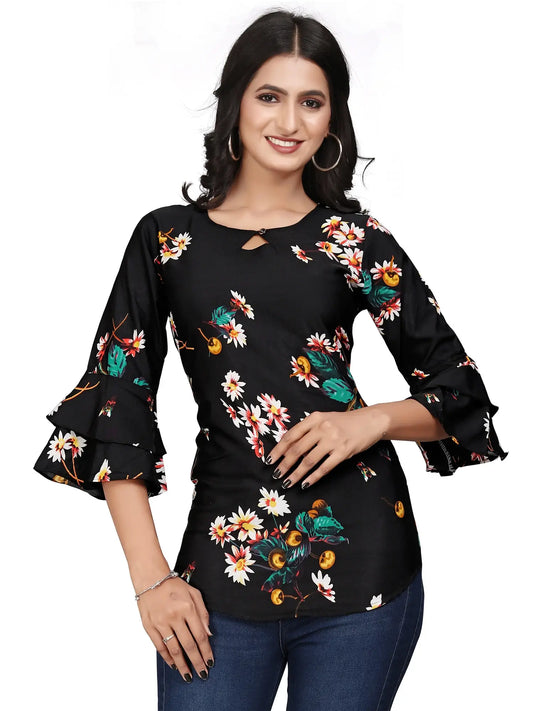Zelzis black floral crepe tunic top for women