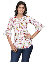 Zelzis white floral printed crepe tunic top for women