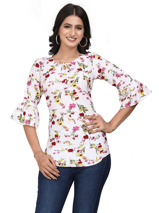 Zelzis white floral printed crepe tunic top for women