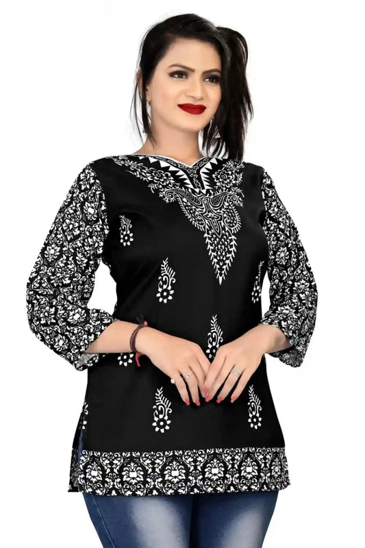 Zelzis women black rayon digital printed tunic top