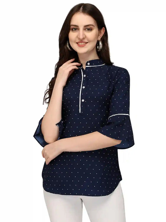 Zelzis women blue crepe polka dot tunic top for casual and party wear
