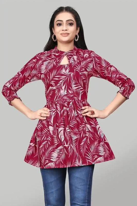 Zelzis women's maroon leaf floral rayon tunic top