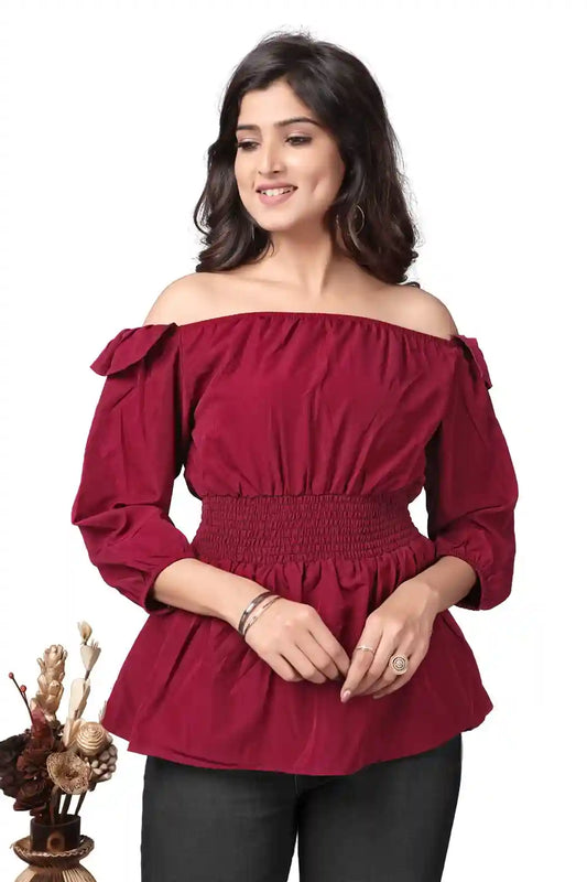 Zelzis women's maroon off-shoulder trendy crepe top