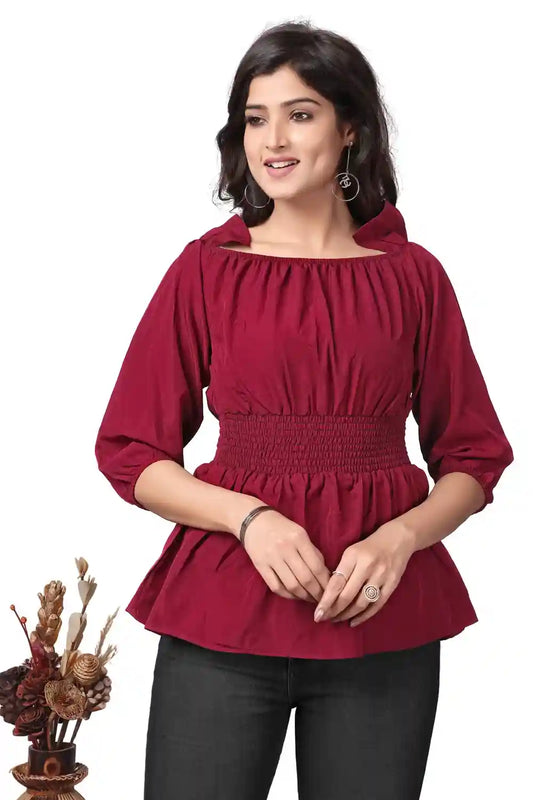 Zelzis women's maroon ruffle off-shoulder crepe top
